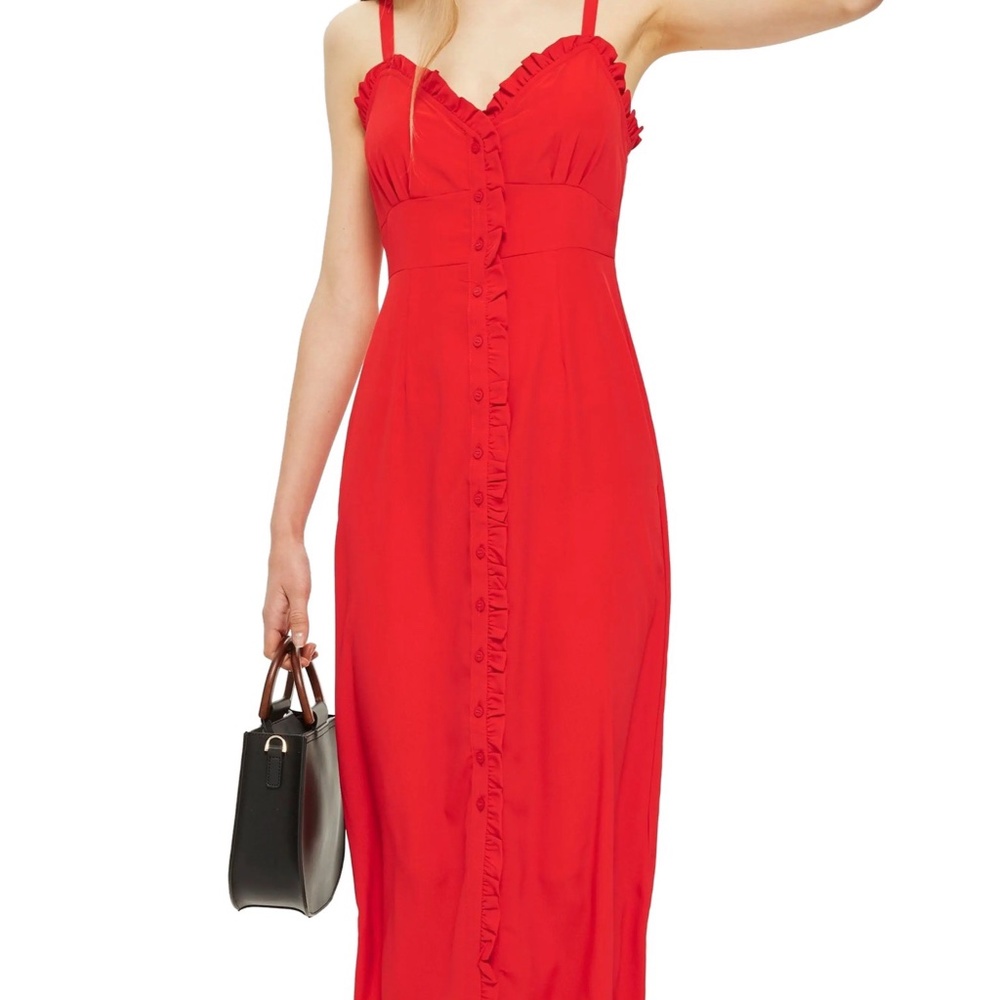 Topshop Red Ruffle Button Down Midi Dress